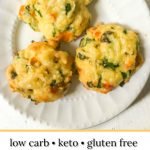 white plate with veggie keto breakfast biscuits and text overlay