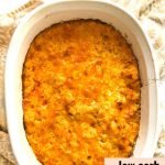 white baking dish with keto buffalo chicken casserole and text