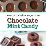 blue plate with keto chocolate mint candies and text overlay