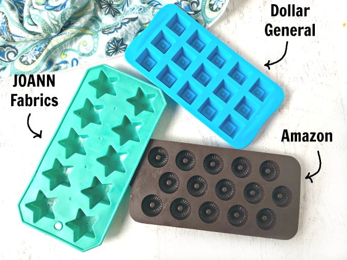 blue, green and brown silicone candy molds with text