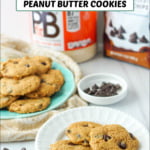 white plate of keto peanut butter chocolate chip cookies with text