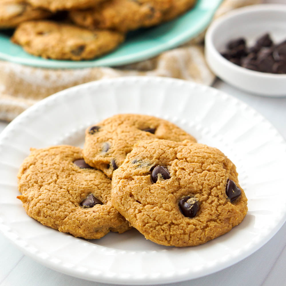 white plate with 3  keto peanut butter chocolate chips cookies