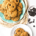 white plate of keto peanut butter chocolate chip cookies with text