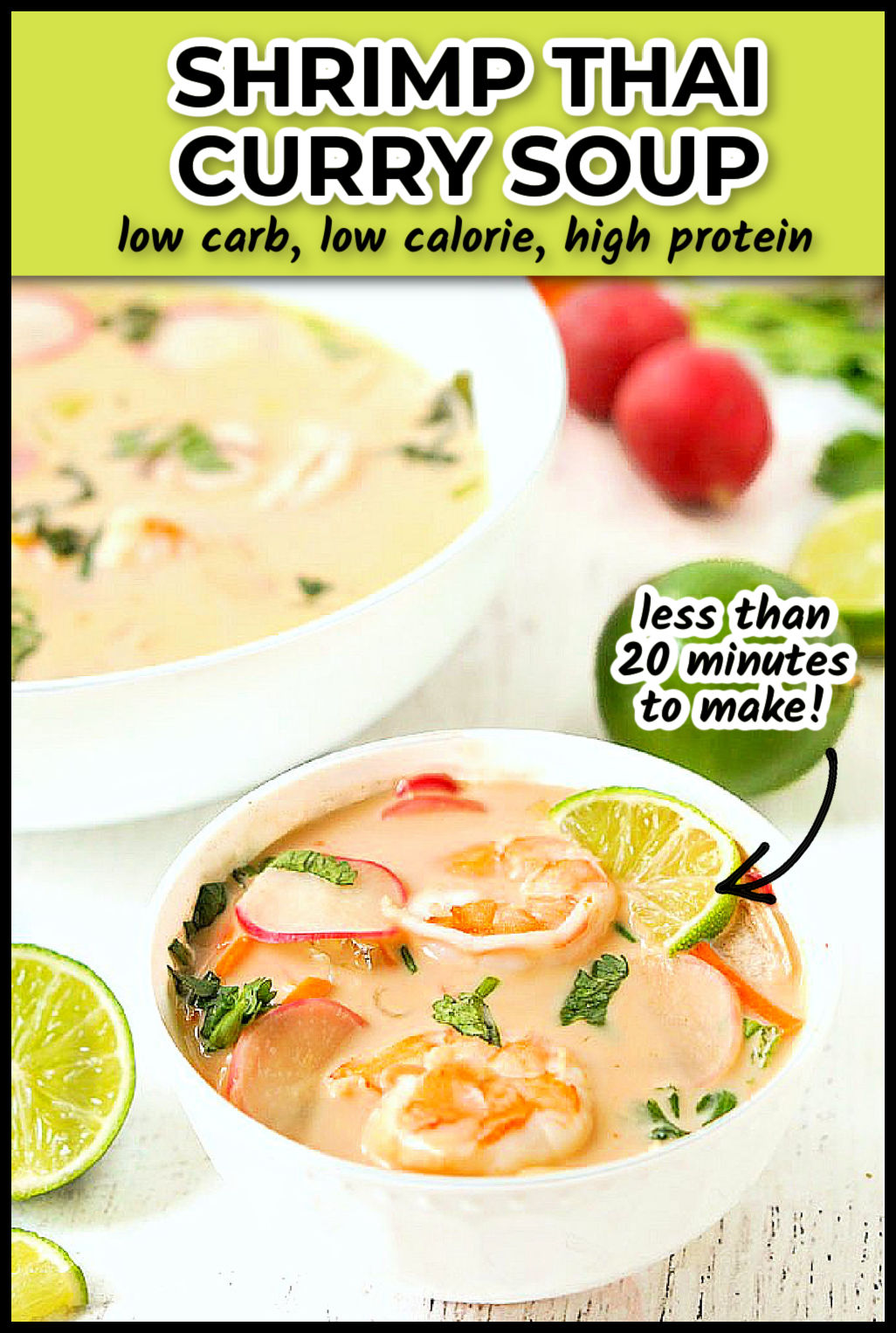 Closeup of a white bowl with keto shrimp Thai curry soup and text overlay.