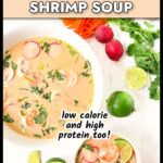 Closeup of a white bowl with keto shrimp Thai curry soup and text overlay.