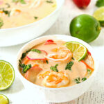 Closeup of a white bowl with keto shrimp Thai curry soup.