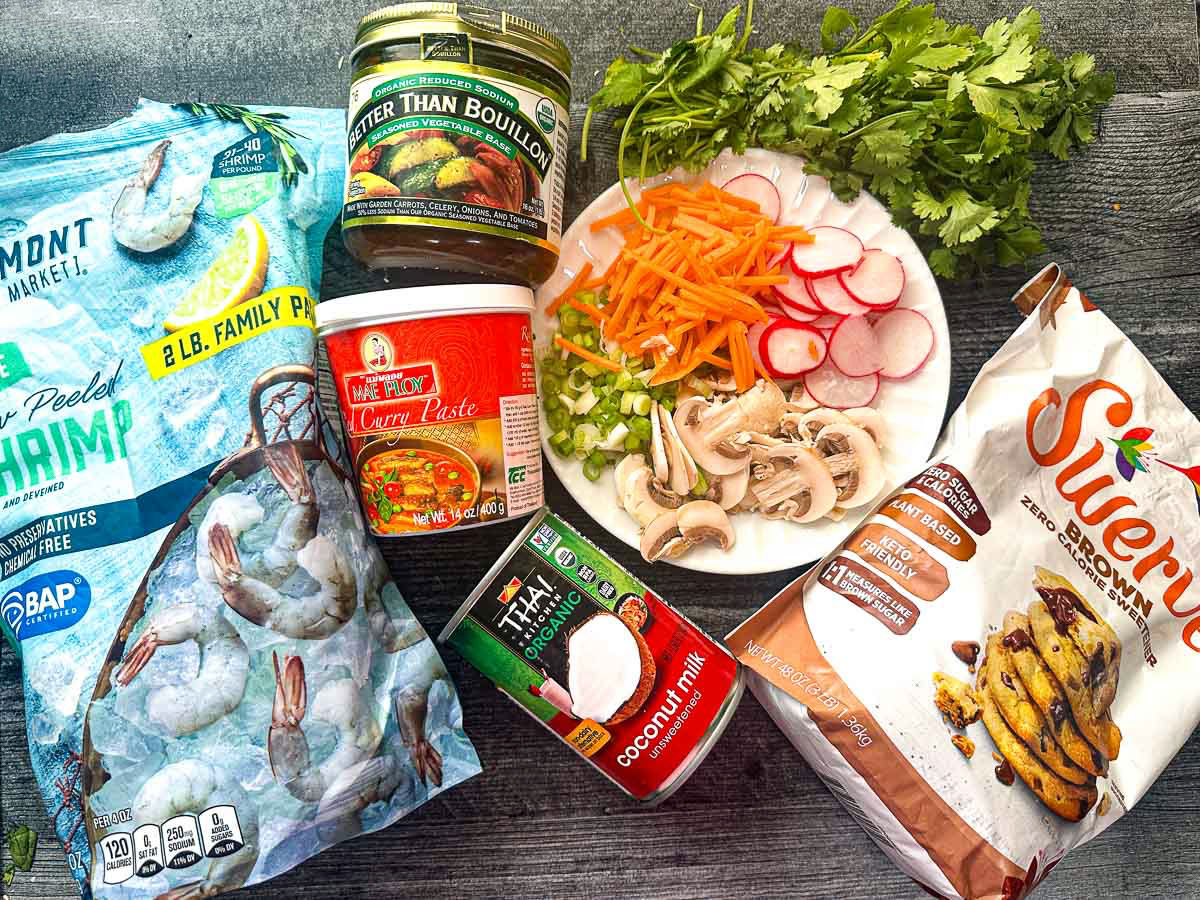 Ingredients - shrimp, bouillon, red curry past, coconut milk cut vegetables, cilantro
and brown sugar sweetener.