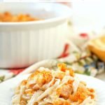 baking dish and white plate with keto turkey noodle casserole with text overlay