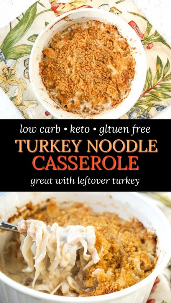 baking dish and white plate with keto turkey noodle casserole with text overlay