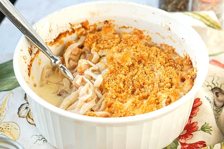 baking dish with spoon of keto turkey casserole