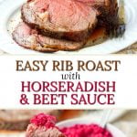 prime rib sliced on a platter with a bowl of beet & horseradish sauce and text