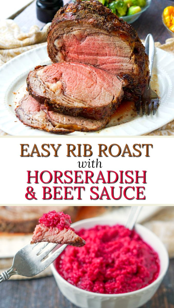 prime rib sliced on a platter with a bowl of beet & horseradish sauce and text