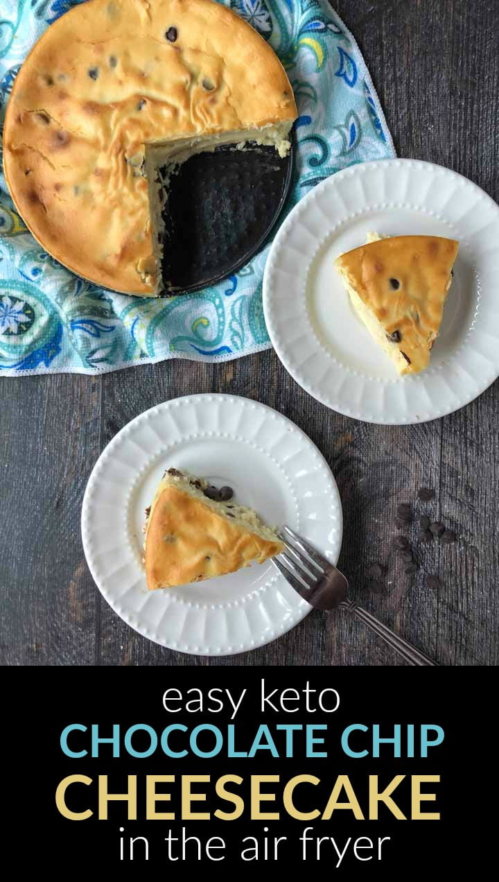 piece of keto chocolate chip cheesecake on white plate with cake in the background and text