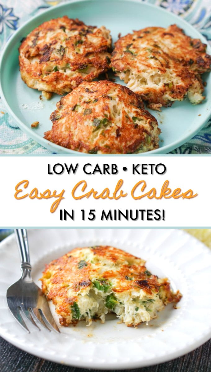 easy low carb crab cakes on a white and aqua plate with text
