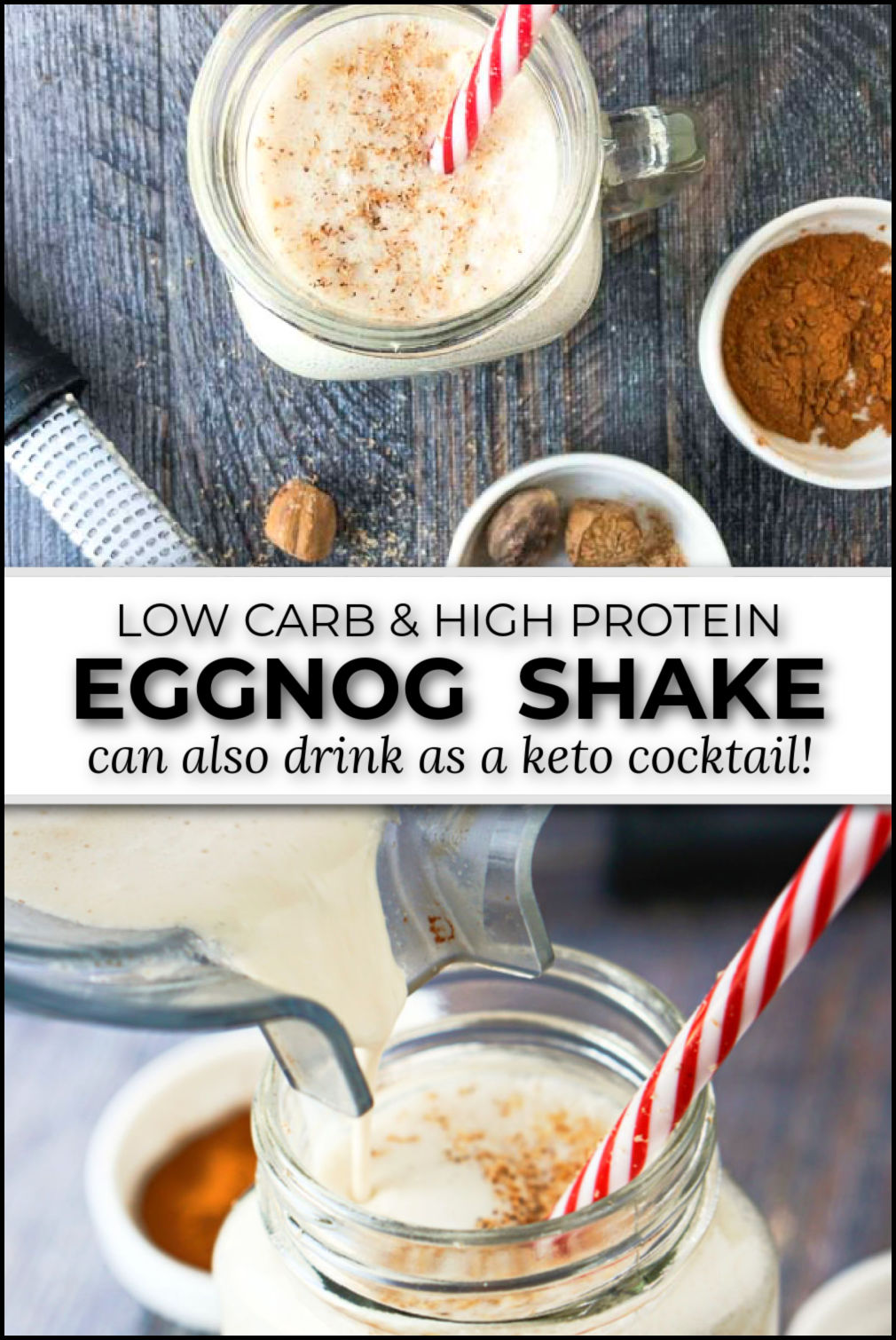 The top of a glass jar with a serving of keto eggnog protein shake with a few scattered ingredients and text overlay.