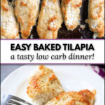 baking sheet and white plate with baked fish with text