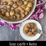 pan and white dish of creamy keto baked mushrooms and text