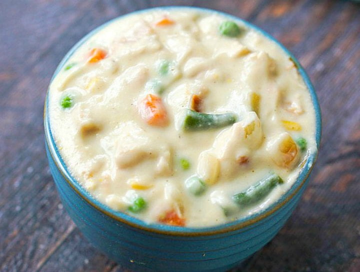 blue bowl of low carb pot pie soup