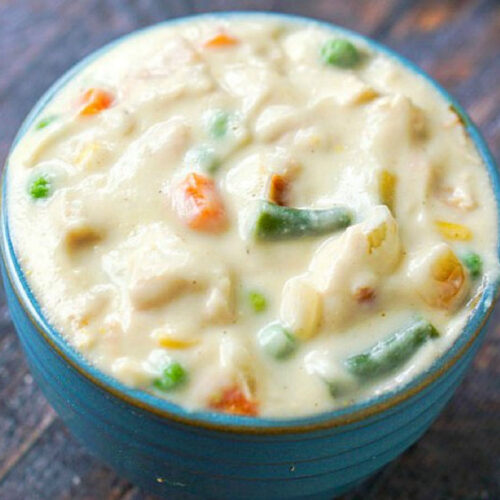 blue bowl with keto chicken pot pie soup