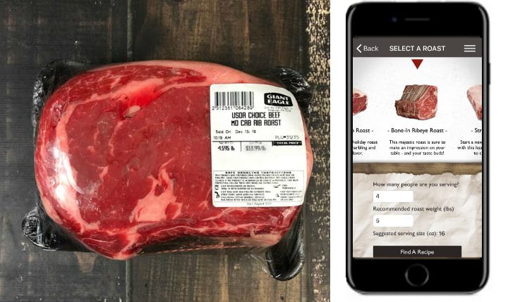 prime rib roast in packaging and iPhone with the directions of how to buy