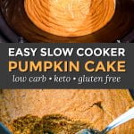 slow cooker with low carb pumpkin cake with text
