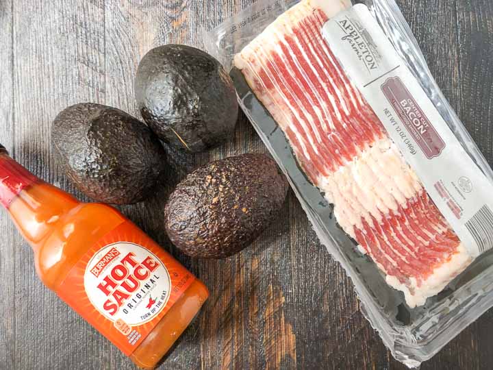 keto avocado fries ingredients: bacon, avocados and Burma's Hot Sauce