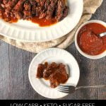 platter of slow cooker bbq beef roast with low carb bbq sauce and text
