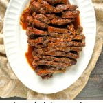 platter of slow cooker bbq beef roast with low carb bbq sauce and text
