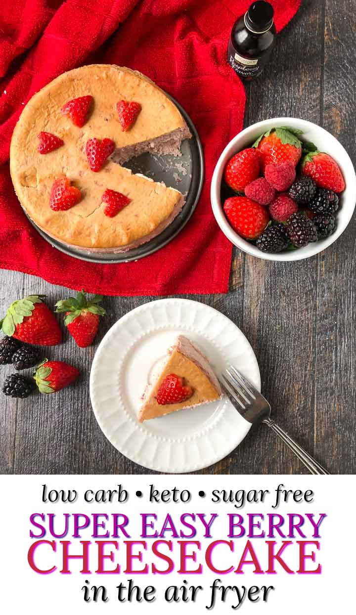 plates of keto berry cheesecake with  berries and red cloth and text