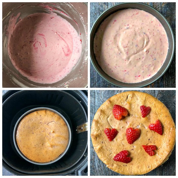 collage of steps to make the keto berry cheesecake from mixing to baking in the air fryer