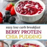 white bowl of berry chia pudding with text