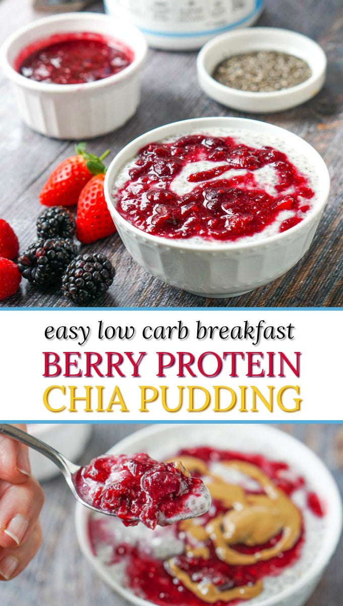 white bowl of berry chia pudding  with text
