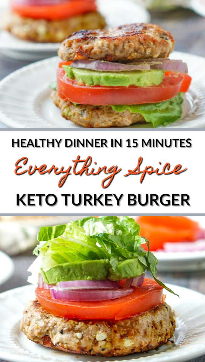 two keto everything spice turkey burgers with healthy toppings and text