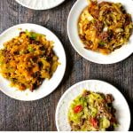 plates with low carb ground beef and cabbage in different flavors with text
