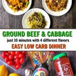 plates with low carb ground beef and cabbage in different flavors with text