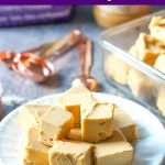 white plate with easy keto peanut butter fudge with text