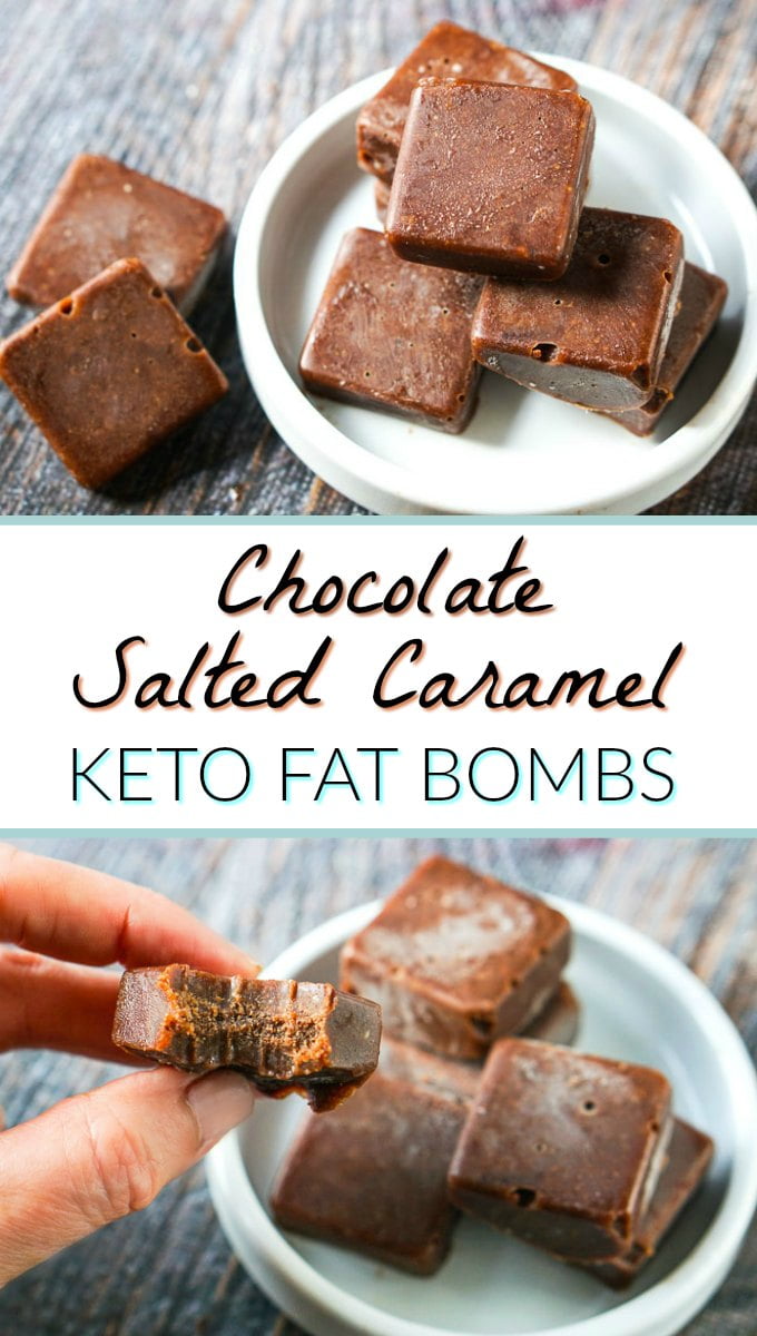 white dish of chocolate salted caramel keto fat bombs with text