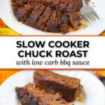 platter and plate with slow cooker beef roast and bbq sauce with text