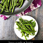 white plate and pan of low carb asian spicy green beans and text