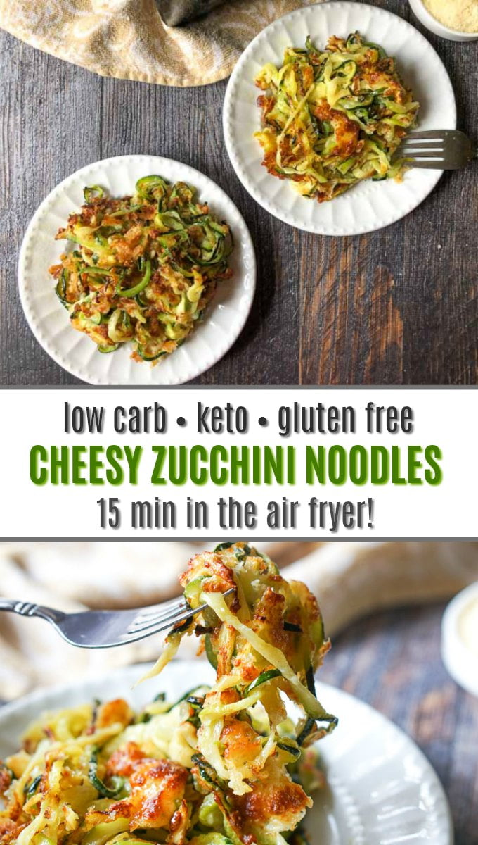 white plates with keto cheesy zucchini noodles with text 