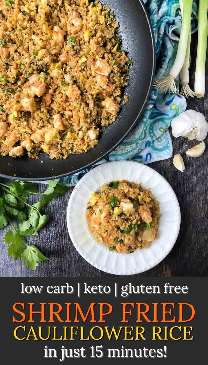 white plate and pan with keto fried cauliflower rice with shrimp plus the ingredients and text