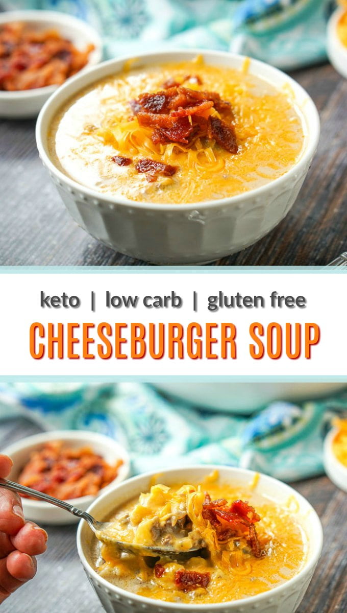white bowls of keto cheeseburger soup with cheese and bacon and text