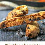cookie sheet with keto chocolate chip biscotti and text