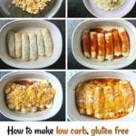 collage of pics of how to make keto chicken enchiladas with text