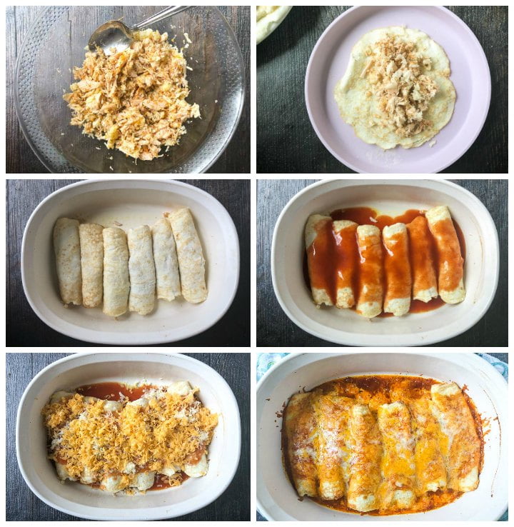 collage of photos on how to make low carb chicken enchiladas