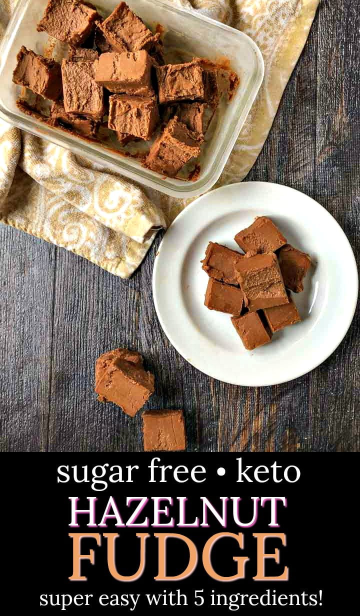 white plate with sugar free hazelnut fudge and text
