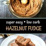 food processor bowl and white plate with sugar free hazelnut fudge and text