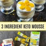 keto lemon cheesecake mouse with lemon zest and text as well as the ingredients to make it
