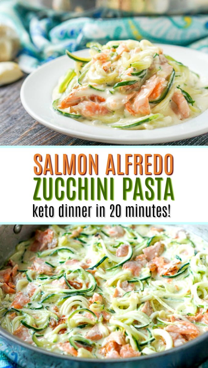 pan and white plate with keto salmon alfredo with zucchini noodles and text