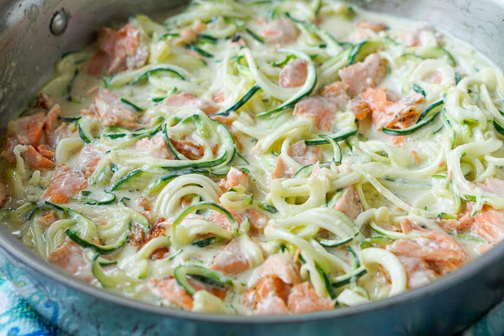 closeup of a pan with the keto salmon alfredo with zucchini noodles 